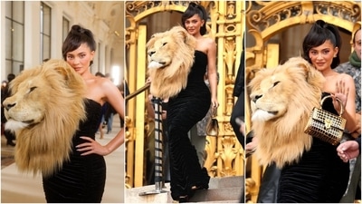 To attend Schiaparelli's spring 2023 Haute Couture collection by designer Daniel Roseberry in Paris, Kylie wore a ruched strapless black gown with an oversized lion head on the shoulder. Her apex predator-inspired look soon became the talk of the internet. (Instagram) To attend Schiaparelli's spring 2023 Haute Couture collection by designer Daniel Roseberry in Paris, Kylie wore a ruched strapless black gown with an oversized lion head on the shoulder. Her apex predator-inspired look soon became the talk of the internet. (Instagram)
