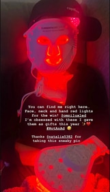 "You can find me right here... Face, neck and hand red lights for the win!" wrote Kardashian via her Instagram Stories. "I'm obsessed with these I gave them as gifts this year." (Kim Kardashian on Instagram) "You can find me right here... Face, neck and hand red lights for the win!" wrote Kardashian via her Instagram Stories. "I'm obsessed with these I gave them as gifts this year." (Kim Kardashian on Instagram)