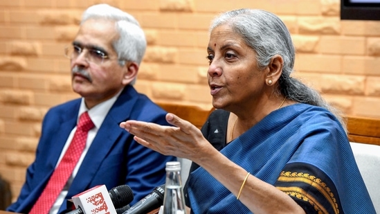 Union Finance Minister Nirmala Sitharaman addresses the Central Board of Directors of the Reserve Bank of India in the customary post-Budget meeting, in New Delhi on Saturday. RBI Governor Shaktikanta Das also seen. (Shrikant Singh/ANI)