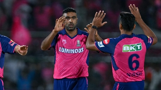 Rajasthan Royals' Ravichandran Ashwin (C) celebrates with teammates (AFP)