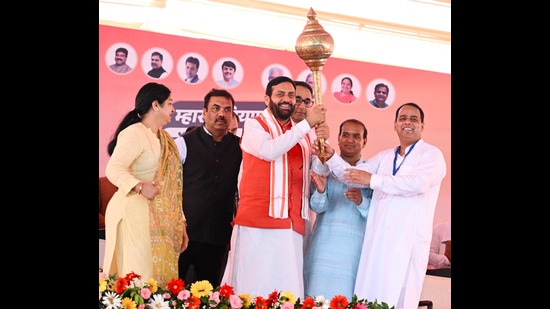 Haryana CM Nayab Singh Saini during a public meeting during in Gurugram on Saturday. (HT Photo)