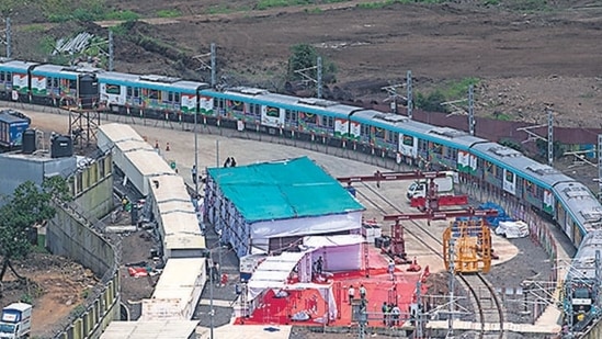 Mumbai, India - August 30, 2022: CM Eknath Shinde and Dy CM Devendra Fadnavis flag off trial run inside Aarey for the Colaba-Bandra-Seepz Metro-3 corridor on a 3-km tunnel stretch between the temporary facility of Sariput Nagar and Marol Naka station, at Aarey Colony, Goregaon, in Mumbai, India, on Tuesday, August 30, 2022. (Photo by Satish Bate/ Hindustan Times) (Satish Bate/HT PHOTO)