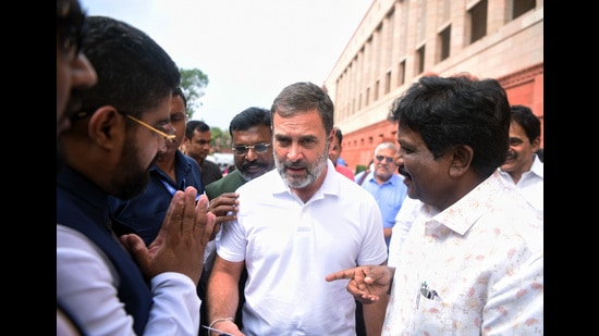 New Delhi, Aug 8 (ANI): Leader of Opposition in Lok Sabha Rahul Gandhi at the Parliament House during the Monsoon Session, in New Delhi on Thursday. (ANI Photo/Shrikant Singh) (Shrikant Singh)