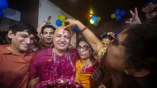 AAP leader Manish Sisodia visited a Hanuman temple in Connaught Place following his bail granted by the Supreme Court in corruption and money laundering cases linked to the Delhi excise policy case, (PTI Photo)(PTI)