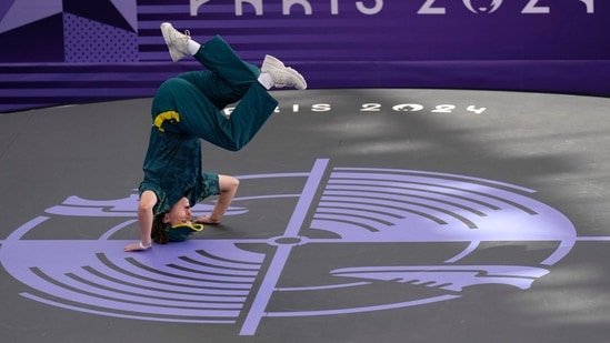 Australian Rachael Gunn, known as B-Girl Raygun, competes in the Round Robin Battle during the Breaking competition at La Concorde Urban Park at the 2024 Summer Olympics, Friday, Aug. 9, 2024, in Paris, France. (AP Photo/Abbie Parr)(AP)