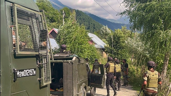 Security personnel during an ongoing encounter, in Anantnag district, on Saturday.Two army personnel were killed and two injured in an ongoing encounter in Anantnag district of Jammu & Kashmir on Saturday, the latest in a series of terror strikes in the Union territory, which is gearing up to host its first assembly elections since 2014. (PTI)