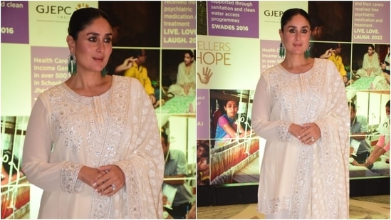 Kareena Kapoor wears an ivory suit set by Abu Jani Sandeep Khosla. (HT photo/Varinder Chawla)