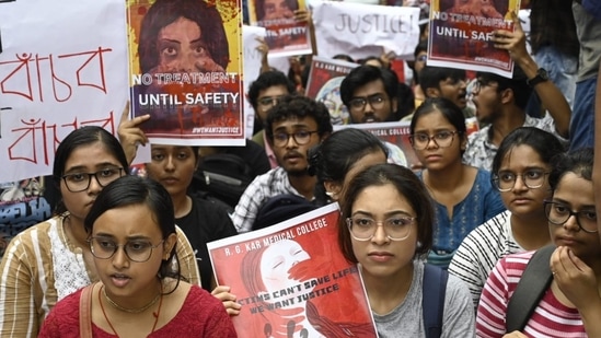 Medical students and doctors of RG Kar Medical College & Hospital staged a sit-in protest after the murder of a trainee doctor in Kolkata on Saturday, August 10, 2024. (Photo by Samir Jana)