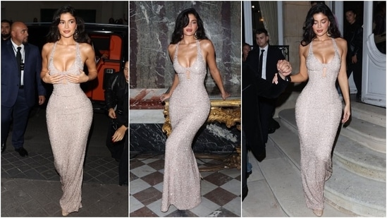During Schiaparelli's Fall/Winter 2024 runway show, Kylie wore her most glamorous look yet at Paris Fashion Week. She wore a silvery, body-hugging gown covered in glittering sequins and featuring a plunging scoop neckline and a literal keyhole-shaped cut-out at the centre of her bust.&nbsp;(Instagram)