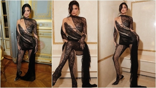 Kylie attended the Business of Fashion's BoF 500 event in a seductive black lace number by Mugler. She wore a catsuit featuring countless see-through panels, layered underneath a second lace layer with many cut-outs which appeared to be slashed open.&nbsp;(Instagram)