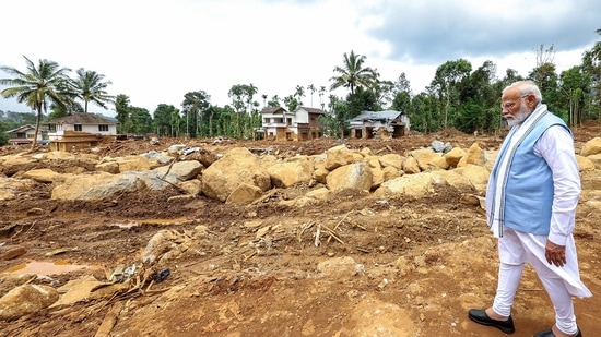 Prime Minister Narendra Modi visits the landslide-affected area in Wayanad on Saturday. (ANI Photo)(DPR)