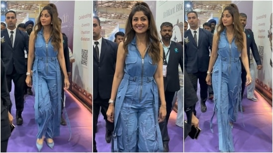 Shilpa Shetty wore a denim jumpsuit for an event today. She styled the ensemble with matching denim pumps, a half-tied ponytail, and striking glam. (Instagram)