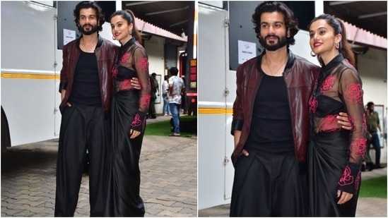 Taapsee Pannu wore a black silk saree to promote Phir Aayi Hasseen Dillruba with Sunny Kaushal. She draped the saree like a skirt and styled it with a tube bralette and a sheer embroidered black shirt. Meanwhile, Sunny complemented her in a black tank top, matching baggy pants, and a wine-red leather shacket. (Instagram)
