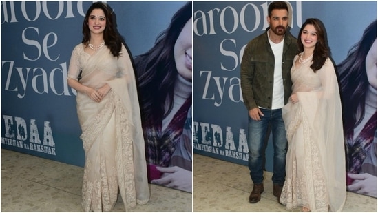 Tamannaah Bhatia promoted Vedaa in an organza saree embroidered with detailed floral work. She styled the nine yards with a half-sleeved embroidered blouse, a pearl necklace, striking makeup, and loose tresses. (Instagram)