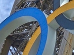 In this photo provided by Nicky Worlock, a man climbs the Eiffel Tower, during the 2024 Summer Olympics, Sunday, Aug. 11, 2024, in Paris France. (AP) In this photo provided by Nicky Worlock, a man climbs the Eiffel Tower, during the 2024 Summer Olympics, Sunday, Aug. 11, 2024, in Paris France. (AP)