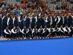India's players pose on the podium with their bronze medals after the men's final field hockey match between Germany and the Netherlands during the Paris 2024 Olympic Games at the Yves-du-Manoir Stadium in Colombes on August 8, 2024. (Photo by Arun SANKAR / AFP)(AFP)