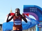 Sifan Hassan of Netherlands celebrates at Invalides after winning gold. 