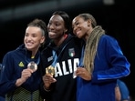 From left Gabriela Braga of Brazil, Paola Egonu of Italy and Chiaka Ogbogu of the United States, show their medals after ceremony at the end of the women's volleyball final at the 2024 Summer Olympics(AP) From left Gabriela Braga of Brazil, Paola Egonu of Italy and Chiaka Ogbogu of the United States, show their medals after ceremony at the end of the women's volleyball final at the 2024 Summer Olympics(AP)