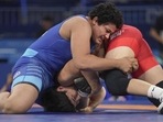 Reetika Hooda (in blue) in action against Kyrgyzstan's Aiperi Medet Kyzy. Reetika Hooda (in blue) in action against Kyrgyzstan's Aiperi Medet Kyzy.