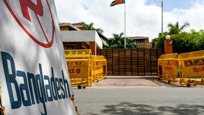 A general view shows barricades aligned outside the Bangladesh High Commission building in New Delhi on August 6, 2024.  (Photo by Sajjad HUSSAIN / AFP) (AFP)