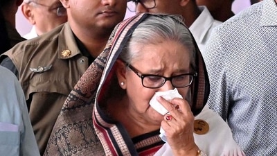 Sheikh Hasina (C) weeps while she visits a metro station in Mirpur vandalized by students during the anti-quota protests. (AFP file photo) Sheikh Hasina (C) weeps while she visits a metro station in Mirpur vandalized by students during the anti-quota protests. (AFP file photo)