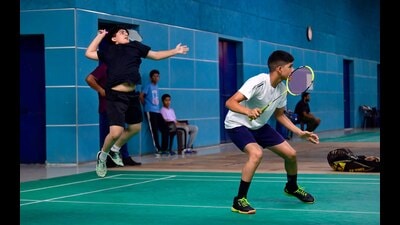 Players in action during the District Badminton Championship in Ludhiana on Sunday, August 11, 2024. (Manish/HT)