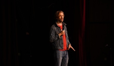 Anthony Jeselnik on stage in Bengaluru, as he ended his debut India tour on Saturday