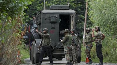 Security personnel during an encounter with terrorists at Ahlan Gagarmandu forest area, in Anantnag district of South Kashmir, on Sunday. (PTI) Security personnel during an encounter with terrorists at Ahlan Gagarmandu forest area, in Anantnag district of South Kashmir, on Sunday. (PTI)