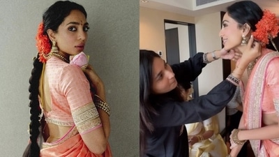 Sobhita Dhulipala wore a traditional Uppada half saree for her engagement. Sobhita Dhulipala wore a traditional Uppada half saree for her engagement.