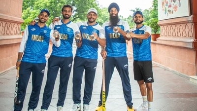 Indian men's hockey team players pose exclusively for HT City, in Delhi.
(L-R) Midfielder Manpreet Singh, forward Gurjant Singh, captain Harmanpreet Singh, defender Jarmanpreet Singh and forward player Sukhjeet Singh. (Photo: Raajessh Kashyap/HT) Indian men's hockey team players pose exclusively for HT City, in Delhi.
(L-R) Midfielder Manpreet Singh, forward Gurjant Singh, captain Harmanpreet Singh, defender Jarmanpreet Singh and forward player Sukhjeet Singh. (Photo: Raajessh Kashyap/HT)