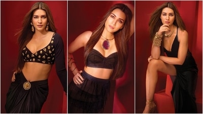 Kriti Sanon is the cover star for the August issue of Filmfare magazine. Today, she took to Instagram to share pictures from the photoshoot, for which she put a sultry twist to the all-black fashion aesthetic. Keep scrolling to check out the images. (Instagram) Kriti Sanon is the cover star for the August issue of Filmfare magazine. Today, she took to Instagram to share pictures from the photoshoot, for which she put a sultry twist to the all-black fashion aesthetic. Keep scrolling to check out the images. (Instagram)