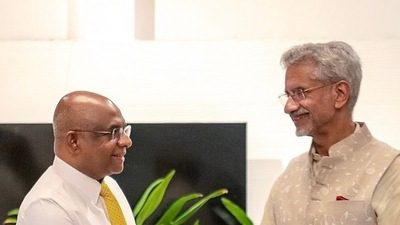 External Affairs Minister S Jaishankar meets Abdulla Shahid, President of Maldivian Democratic Party, in Maldives on Saturday. (Dr S Jaishankar- X) External Affairs Minister S Jaishankar meets Abdulla Shahid, President of Maldivian Democratic Party, in Maldives on Saturday. (Dr S Jaishankar- X)