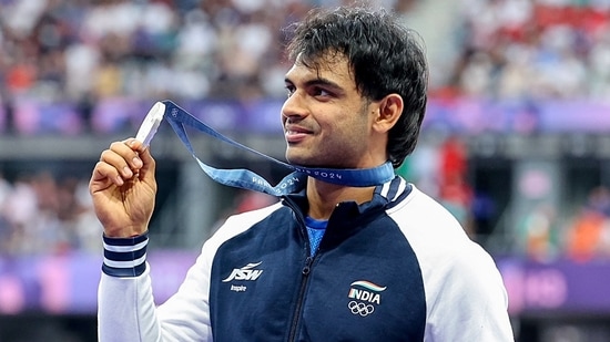 India's Javelin thrower Neeraj Chopra poses for a picture with his silver medal at the Paris Olympics 2024(Sukumaran)