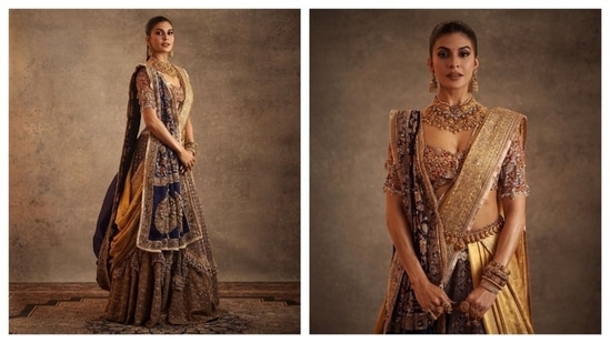 Jacqueline Fernandez chose a colourful desi look for Anant Ambani and Radhika Merchant's wedding in Mumbai in July 2024. She stunned in a shimmery Anamika Khanna lehenga at the high-profile wedding. Sharing pictures of herself, the actor wrote in her caption, "Wishing lots of love and happiness to Anant and Radhika..."