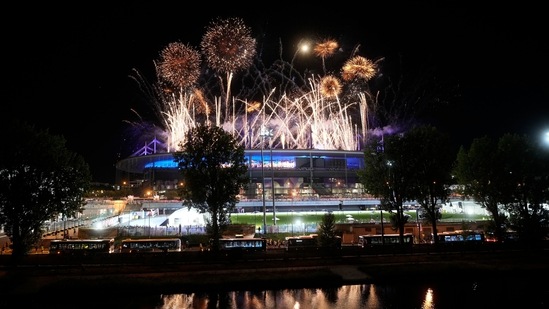 Fireworks signal the end of the 2024 Summer Olympics closing ceremony taking place at the Stade de France(AP)