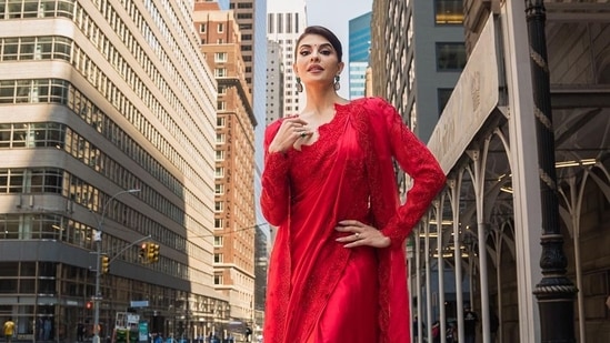 Jacqueline Fernandez wore a regal red saree outfit back in 2023, and wrote alongside her pictures, "Thank you for making me a part of the 41st India Day Parade in New York! It was truly an overwhelming moment."