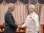EAM S Jaishankar with Maldives President Mohamed Muizzu. EAM S Jaishankar with Maldives President Mohamed Muizzu.