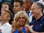 US second gentleman Doug Emhoff enjoying the match with French President Emmanuel Macron and his wife, Brigitte Macron, at Paris Olympics. 