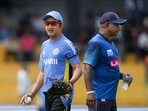 India's head coach Gautam Gambhir and Sri Lanka's interim coach Sanath Jayasuriya during a warm-up session