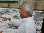 Patna: Bihar Chief Minister Nitish Kumar inspects the drainage pumping plant after heavy rain caused waterlogging in Patna on Sunday. (PTI Photo) Patna: Bihar Chief Minister Nitish Kumar inspects the drainage pumping plant after heavy rain caused waterlogging in Patna on Sunday. (PTI Photo)