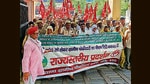 A delegation of ‘gramin watchmen’ marching to the district secretariat in Karnal. (HT File) A delegation of ‘gramin watchmen’ marching to the district secretariat in Karnal. (HT File)