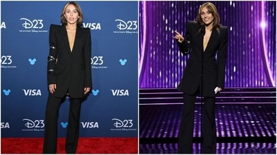 Miley Cyrus is all about making a statement, and her latest look is no exception! She’s redefining power dressing with a navy blue pantsuit that oozes sophistication and style. The long blazer with its deep V neckline and matching flared pants gives off major boss vibes. She kept it classy with stud earrings, dewy makeup, and her hair styled in loose waves. (Instagram)