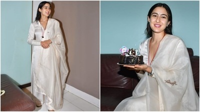 Sara Ali Khan celebrated her 29th birthday in pure elegance, donning an all-white ethnic ensemble that radiated grace. Her outfit featured a V-neck full-sleeved kurta, perfectly paired with matching pants and a dupatta draped elegantly over one shoulder. (HT photo/VarinderChawla)