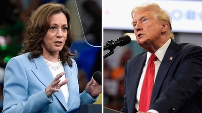 This combination of photos taken at campaign rallies in Atlanta shows Vice President Kamala Harris on July 30, 2024, left, and Republican presidential candidate former President Donald Trump on Aug. 3. (AP) This combination of photos taken at campaign rallies in Atlanta shows Vice President Kamala Harris on July 30, 2024, left, and Republican presidential candidate former President Donald Trump on Aug. 3. (AP)