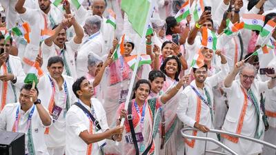 Indian contingent during the opening ceremony of the Paris Olympics. (PTI) Indian contingent during the opening ceremony of the Paris Olympics. (PTI)
