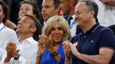 US second gentleman Doug Emhoff enjoying the match with French President Emmanuel Macron and his wife, Brigitte Macron, at Paris Olympics. (REUTERS)