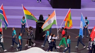 Paris: India's flag-bearers shooter Manu Bhaker and men's hockey team goalkeeper PR Srejeesh and others during the closing ceremony of the 2024 Summer Olympics at Stade de France, in Paris, France (PTI) Paris: India's flag-bearers shooter Manu Bhaker and men's hockey team goalkeeper PR Srejeesh and others during the closing ceremony of the 2024 Summer Olympics at Stade de France, in Paris, France (PTI)