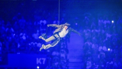 Tom Cruise is lowered on the Stade de France during the 2024 Summer Olympics closing ceremony, Sunday, Aug. 11, 2024, in Saint-Denis, France. (AP Photo/Natacha Pisarenko) (AP) Tom Cruise is lowered on the Stade de France during the 2024 Summer Olympics closing ceremony, Sunday, Aug. 11, 2024, in Saint-Denis, France. (AP Photo/Natacha Pisarenko) (AP)