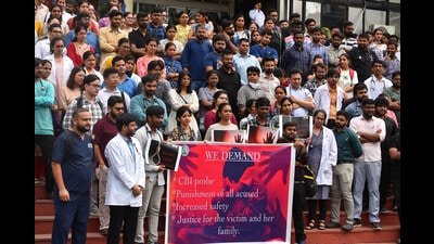 Resident doctors holding a protest outside PGI director’s office in Chandigarh on Monday. (Ravi Kumar/HT) Resident doctors holding a protest outside PGI director’s office in Chandigarh on Monday. (Ravi Kumar/HT)