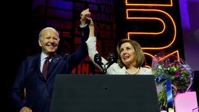 Nancy Pelosi's interview with NY Times coincides with Biden's confession this past weekend that he had the former speaker on his mind when deciding to turn the reins over to US VP Kamala Harris. (REUTERS)